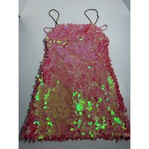 Nasty Gal Hot Pink Sequin Mini Dress, Spaghetti Straps Rhinestone Strap Sz 4 HTF